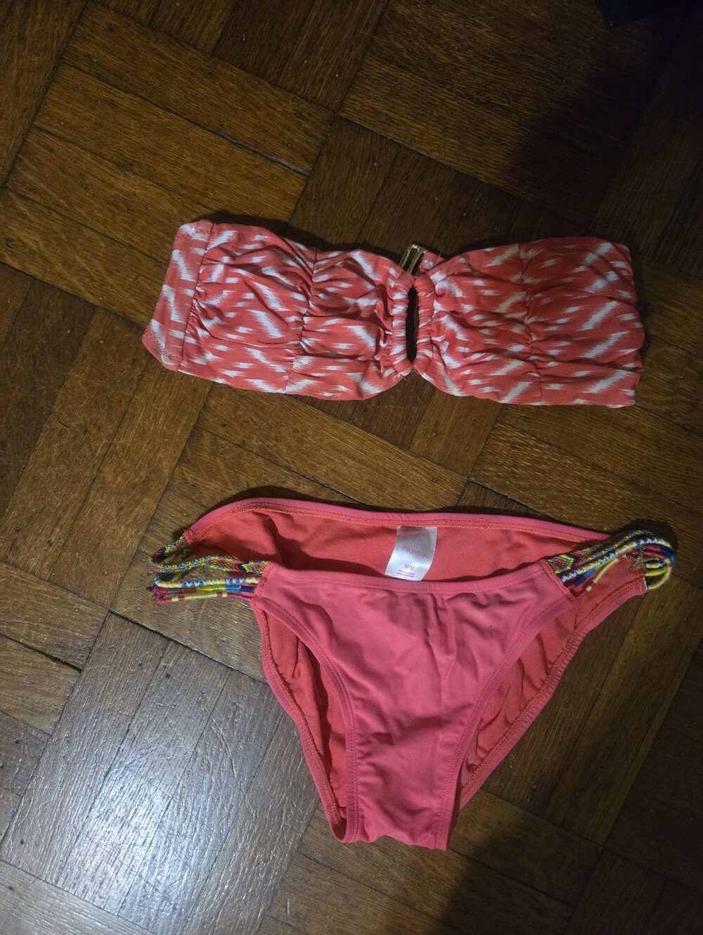 Coral Bandeau Bikini Set with Patterned Top